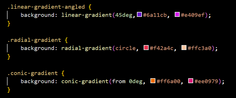 Visual example of linear, radial, and conic gradients in CSS